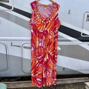 Tropical Maxi Dress Sz 1X Orange Beaded V-Neck Floral Flowy Resortwear Travel